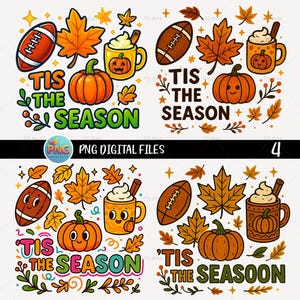 May include: A digital design with autumn illustrations. It features a rugby ball, maple leaves, pumpkins, and mugs of hot drinks. The phrase "Tis the Season" is displayed in colourful text, ideal for autumn-themed projects.