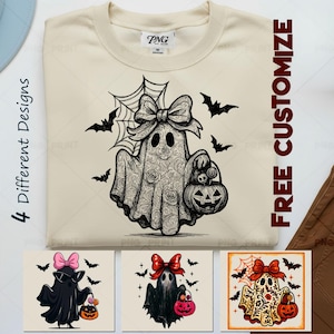 Könnte beinhalten: Ein cremefarbenes Sweatshirt mit einem detaillierten Geisterdesign mit Schleife, Kürbis-Korb, Fledermäusen und Spinnennetz. Der Text "FREE CUSTOMIZE" ist sichtbar. Darunter befinden sich drei zusätzliche Geisterdesigns. Der Text "4 Different Designs" ist ebenfalls sichtbar.