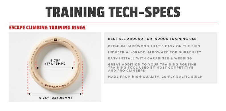 Puede incluir: Anillos de entrenamiento de madera para escalada, que miden 17,1 cm de di&aacute;metro y 23,5 cm de ancho. Los anillos est&aacute;n hechos de abedul b&aacute;ltico de alta calidad, de 20 capas, y son f&aacute;ciles de instalar con un mosquet&oacute;n y una cinta.