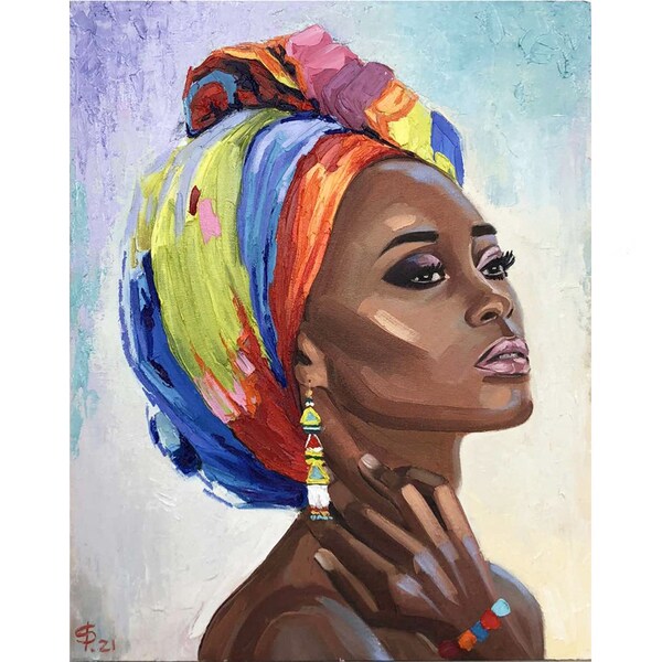 African Woman Painting African Queen Impasto Oil Painting Original Art Black Woman Face 20 by 16 by JuliyaFineArt