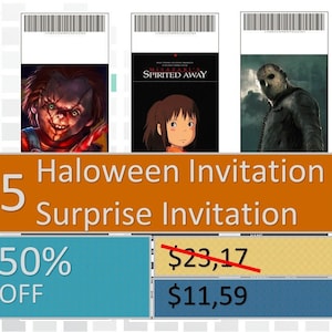 Halloween Invitation, Surprise Ticket, Theatre Ticket, Printable Ticket, Editable Ticket, Michael Myers, Chucky, Jason Voorhees, Joker