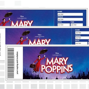 Birthday Invitation, Broadway Ticket, Mary Poppins, Surprise Ticket, Theatre Ticket, Concert Ticket, Printable Ticket, Editable Ticket