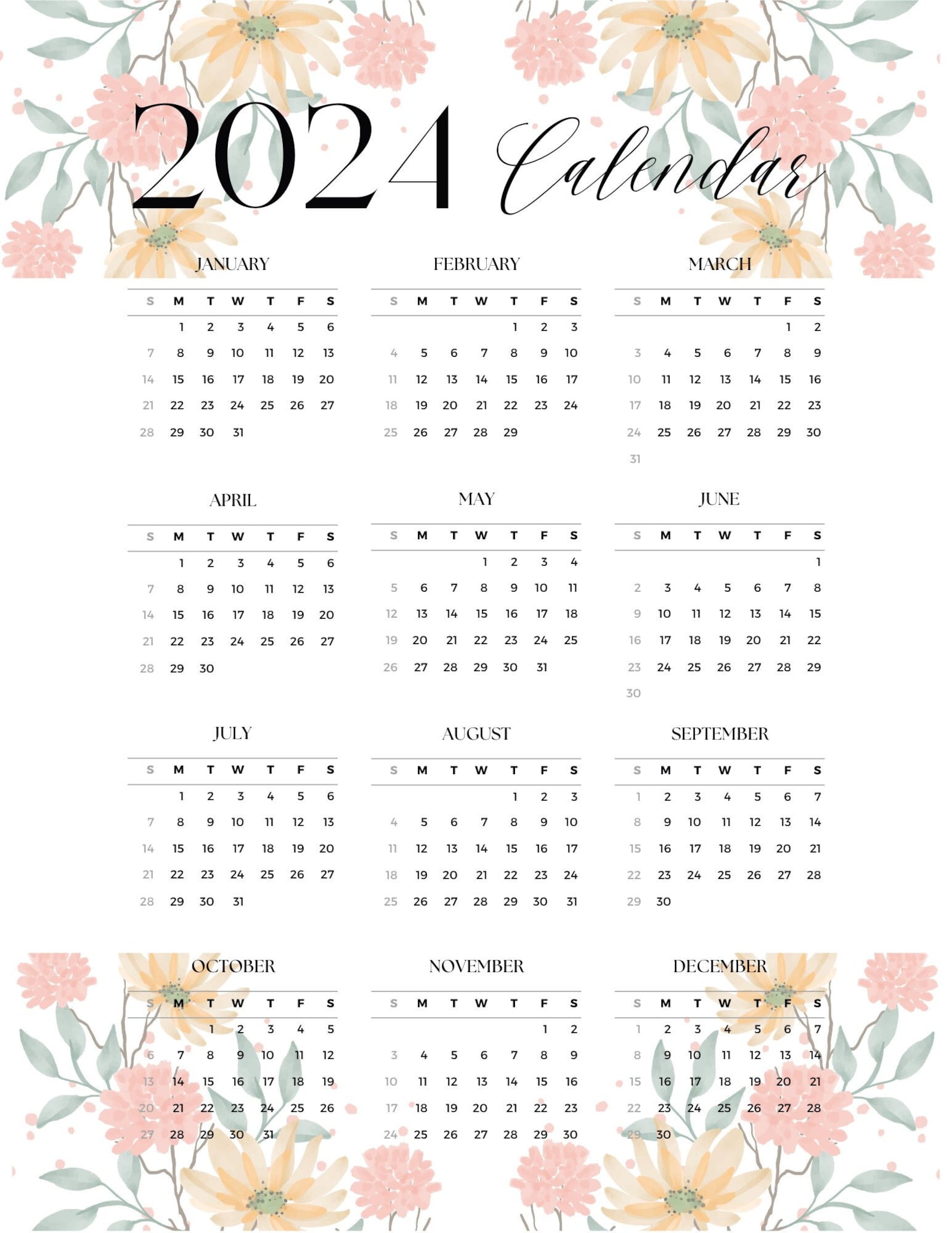 2024 Year at a Glance Calendar. Floral Themed. - Etsy