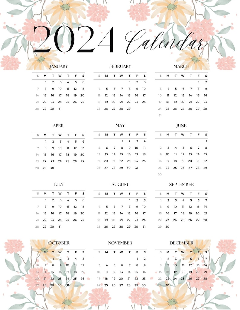 2024 Year at a Glance Calendar. Floral Themed. - Etsy