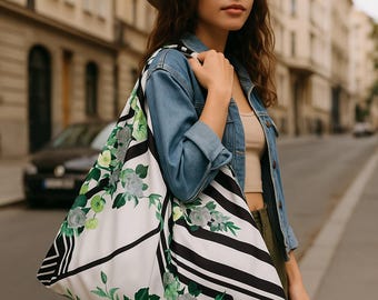 Handmade Origami Tote Bag, Striped Floral Cotton Satin, Japanese Knot Design