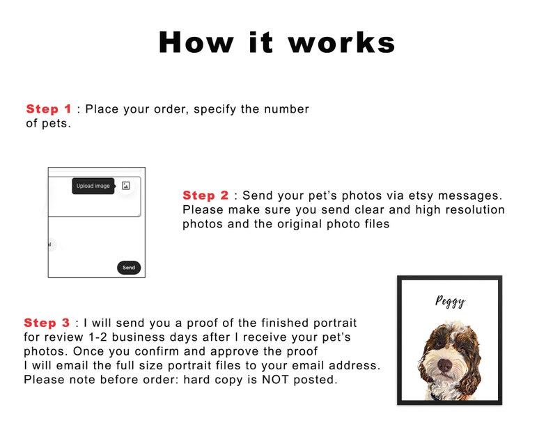 May include: A step-by-step guide on how to order a custom pet portrait. The steps include placing an order, sending photos of your pet via Etsy messages, and receiving a proof of the finished portrait.