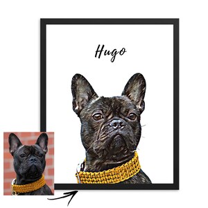 Black Frenchie digital drawing poster print on white background. Dog in accessories poster print or digital file pet gifts. digital pet portrait on a white poster print.  Personalized Frenchie digital painting from you photo.