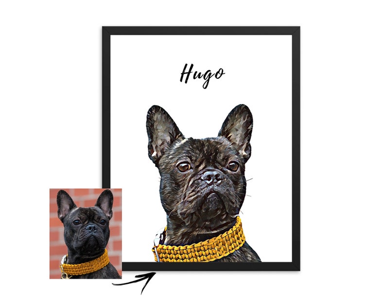 Black Frenchie digital drawing poster print on white background. Dog in accessories poster print or digital file pet gifts. digital pet portrait on a white poster print.  Personalized Frenchie digital painting from you photo.