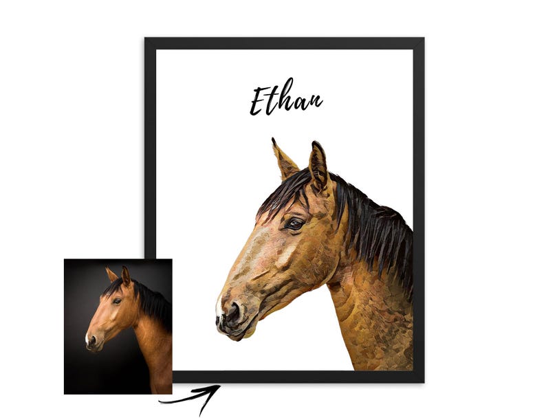 May include: A framed watercolor painting of a brown horse with a black mane and tail. The horse's head is turned to the side, and its eyes are closed. The painting is titled "Ethan".