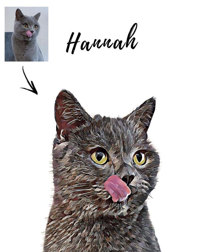 May include: A digital painting of a gray cat with yellow eyes. The cat is licking its lips and looking to the right. The cat's name, "Hannah", is written in black cursive above the cat.