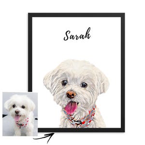 May include: A white dog with a red and blue bandana is painted in a watercolor style. The dog's name, "Sarah", is written above the dog in black text.