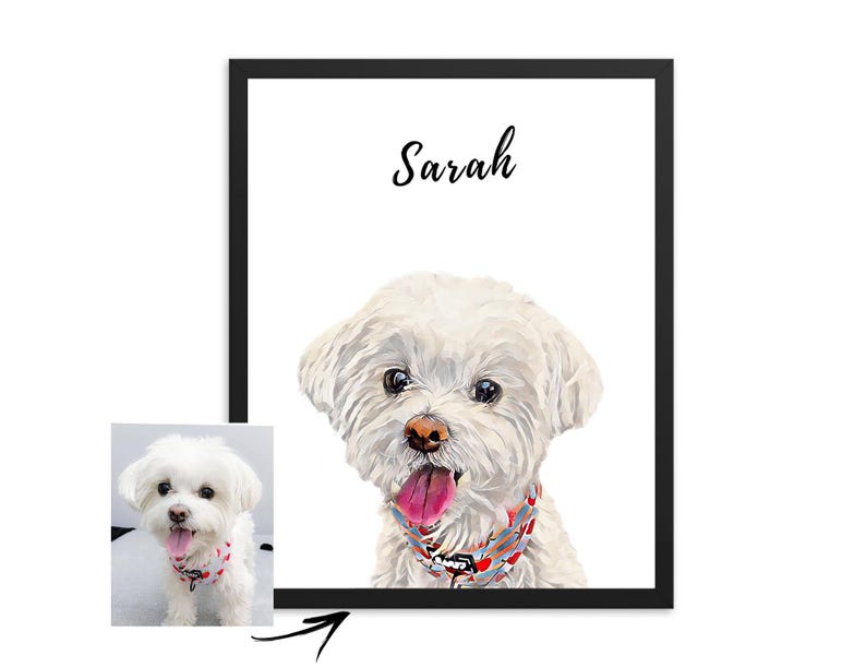 May include: A white dog with a red and blue bandana is painted in a watercolor style. The dog's name, "Sarah", is written above the dog in black text.