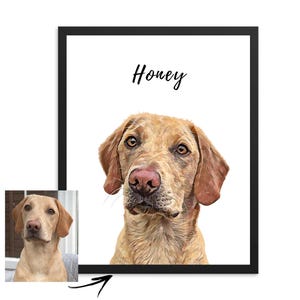 May include: A framed digital painting of a dog named "Honey". The dog is a light brown color with a white chest and a black nose. The painting is on a white background with a black frame.