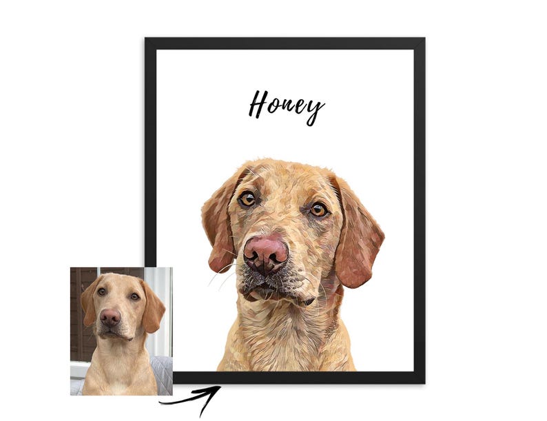 May include: A framed digital painting of a dog named "Honey". The dog is a light brown color with a white chest and a black nose. The painting is on a white background with a black frame.