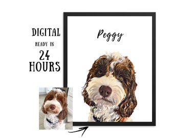 Peut inclure: Peinture numérique d'un chien brun et blanc nommé Peggy. Le chien regarde l'appareil photo avec une expression sérieuse. La peinture est encadrée dans un cadre noir.