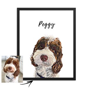May include: A custom pet portrait of a brown and white dog with the name "Peggy" written above it. The portrait is framed in a black frame.