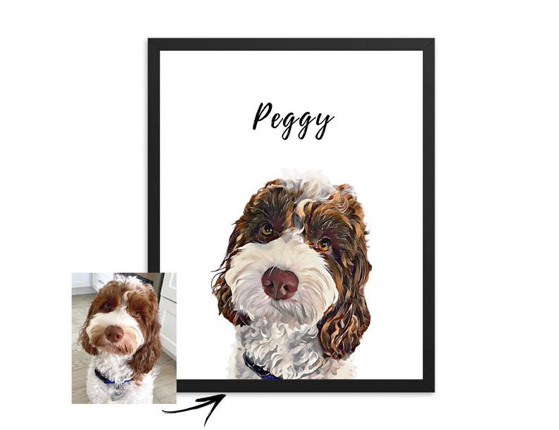 May include: A custom pet portrait of a brown and white dog with the name "Peggy" written above it. The portrait is framed in a black frame.