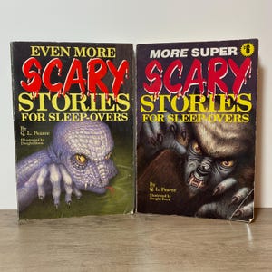 May include: Two vintage paperback books titled "Even More Scary Stories for Sleep-Overs" and "More Super Scary Stories for Sleep-Overs". The covers feature illustrations of monsters and the titles are in red and yellow.
