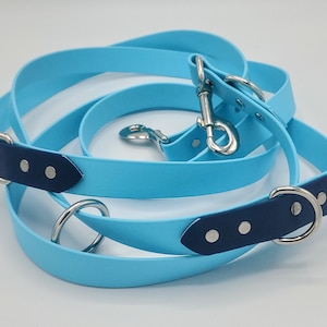 Könnte beinhalten: Hellblaue Hundeleine mit marineblauen Akzenten. Die Leine hat einen silbernen Metallverschluss und D-Ringe. Die marineblauen Akzente sind mit silbernen Nieten befestigt. Für Tierbesitzer.