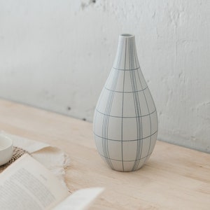 White Ceramic Vase with Blue Grid - japanese oriental style home decor - hand finished porcelain for flowers