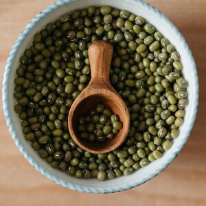 Può includere: Una ciotola bianca con un bordo blu piena di fagioli mungo verdi. Un mestolo di legno è parzialmente immerso nei fagioli.