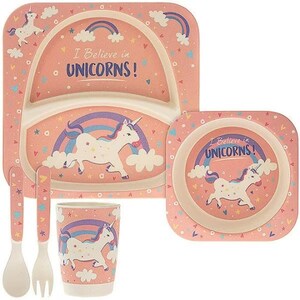 Bamboo Eco Friendly Children Theme Pirates, Unicorn, or Zoo Animals 5 Piece Dinner Set with spoon and fork UNICORNS