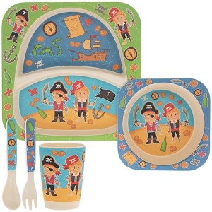 Bamboo Eco Friendly Children Theme Pirates, Unicorn, or Zoo Animals 5 Piece Dinner Set with spoon and fork image 1