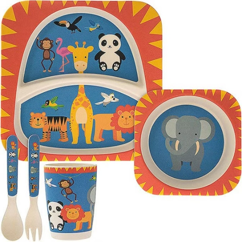 Bamboo Eco Friendly Children Theme Pirates, Unicorn, or Zoo Animals 5 Piece Dinner Set with spoon and fork ZOO ANIMALS