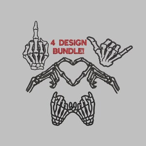 4 DESIGNS Embroidery Skeleton Bundle, Middle Finger, Hand Heart, Hang Loose, Pinky Swear