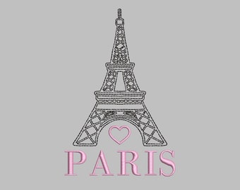 May include: A black and white outline of the Eiffel Tower with a pink heart and the word "PARIS" in pink lettering.