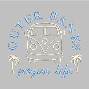 May include: A white outline of a vintage van with palm trees on either side and the text "Outer Banks" in blue above the van and "pogue life" in blue below the van.