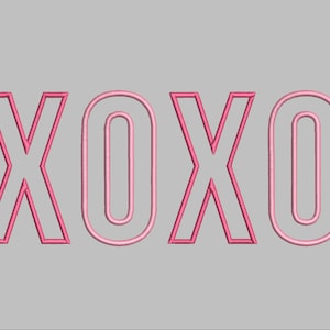 May include: XOXO in pink outlined letters on a gray background.
