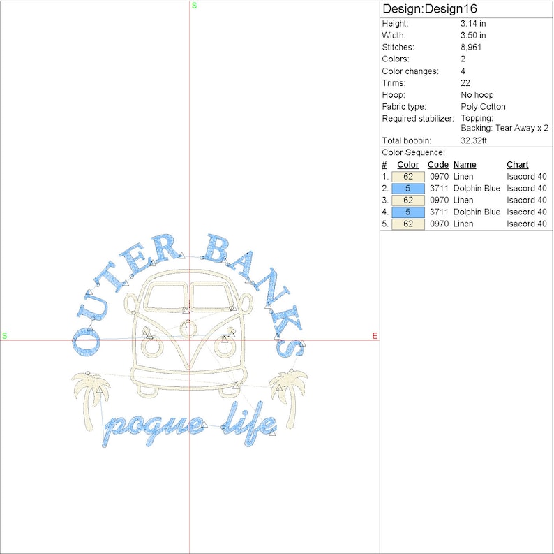 May include: Embroidered design featuring a blue and white vintage van with the text "Outer Banks" and "Pogue Life" in a circle. The design is 3.14 inches tall and 3.50 inches wide.