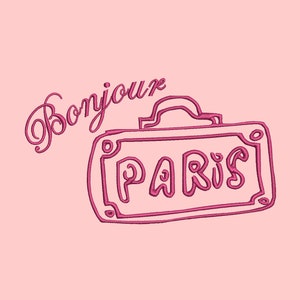 May include: Pink graphic design with the text "Bonjour" and a pink suitcase with the text "PARIS" on it.