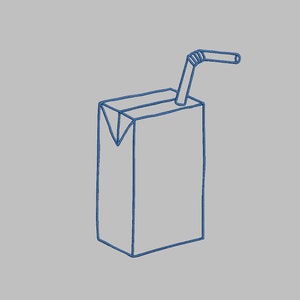 May include: A blue line drawing of a juice box with a straw sticking out of the top.