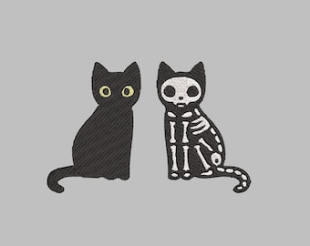 Aesthetic Skeleton and Black Cat Embroidery Design pes file