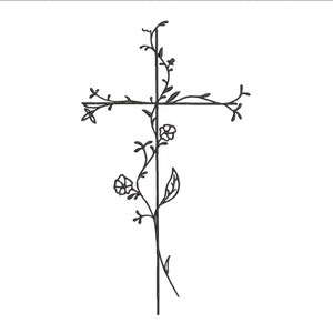May include: A black line drawing of a cross with vines and flowers growing around it.