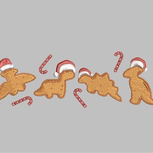May include: Five gingerbread dinosaur cookies with red and white Santa hats and candy canes on a gray background.