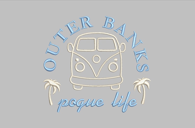 May include: A white outline of a vintage van with palm trees on either side and the text "Outer Banks" in blue above the van and "pogue life" in blue below the van.