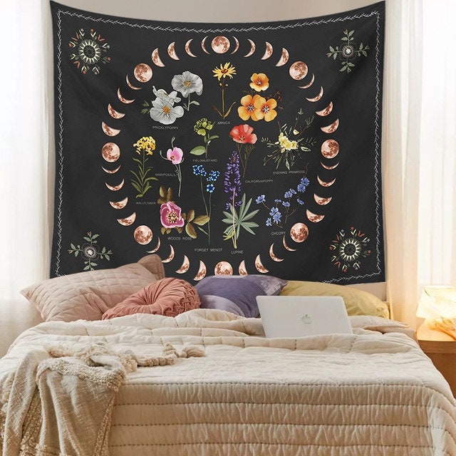 Discover Moon Phase Botanical Tapestry, Moon and Garden Wall Hanging, Uni Room Tapestry