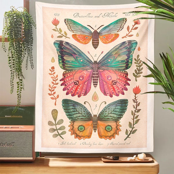 Butterfly Nature Goddess Moon Phase Botanical Tapestry, Moon and Garden Wall Hanging, Uni Room Reference Chart Colorful Vintage Boho Home