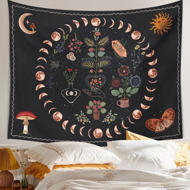 Discover Moon Phase Botanical Tapestry, Moon and Garden Wall Hanging, Uni Room Tapestry