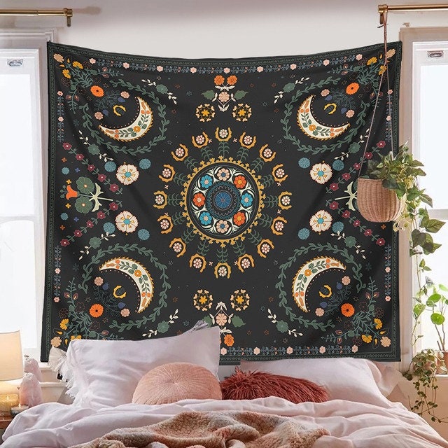 Discover Moon Phase Botanical Tapestry, Moon and Garden Wall Hanging, Uni Room Tapestry