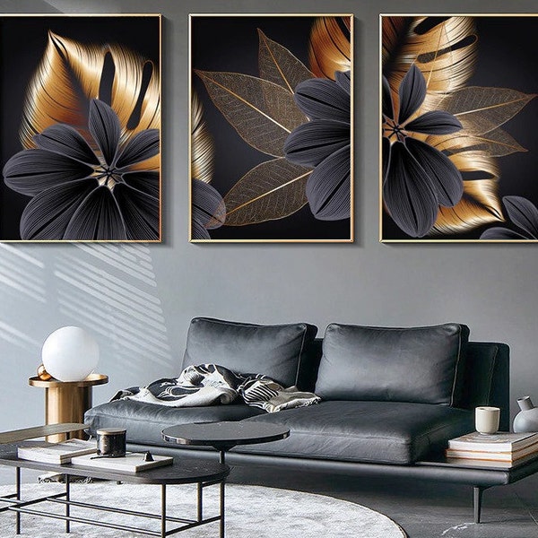 Black and gold plant leaf, nordic style posters print made on canvas modern style abstract wall art for living room, home decor