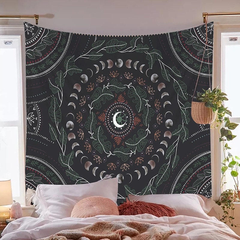 Discover Moon Phase Botanical Tapestry, Moon and Garden Wall Hanging, Uni Room Tapestry