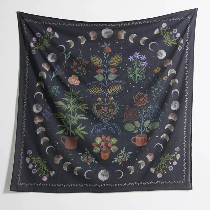 Discover Moon Phase Botanical Tapestry, Moon and Garden Wall Hanging, Uni Room Tapestry