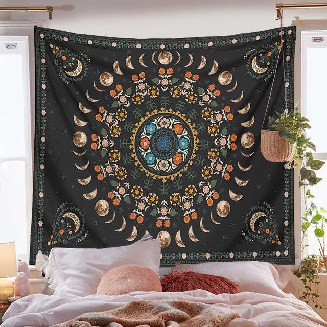 Discover Moon Phase Botanical Tapestry, Moon and Garden Wall Hanging, Uni Room Tapestry