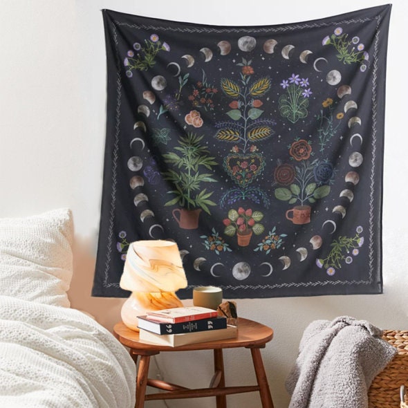 Discover Moon Phase Botanical Tapestry, Moon and Garden Wall Hanging, Uni Room Tapestry