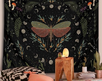 Nature Goddess Moon Phase Botanical Tapestry, Moon and Garden Wall Hanging, Uni Room Tapestry