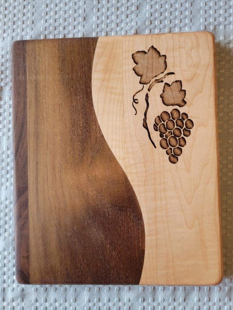 10 x 8 Engraved with Grapes 
Cheese / Cutting board. No Juice Groove